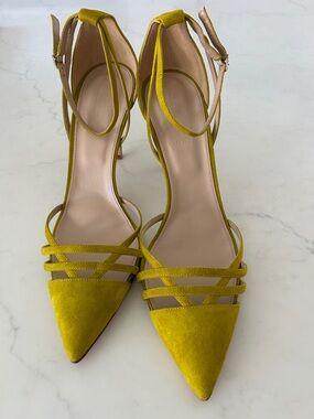 J Crew Yellow Suede Pointed Toe Strappy Ankle Strap Heels-11